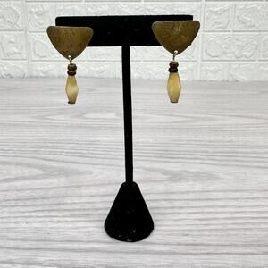 Marjorie Baer Vtg Southwestern Boho Earring Triangular Hammered Copper Bone Bead